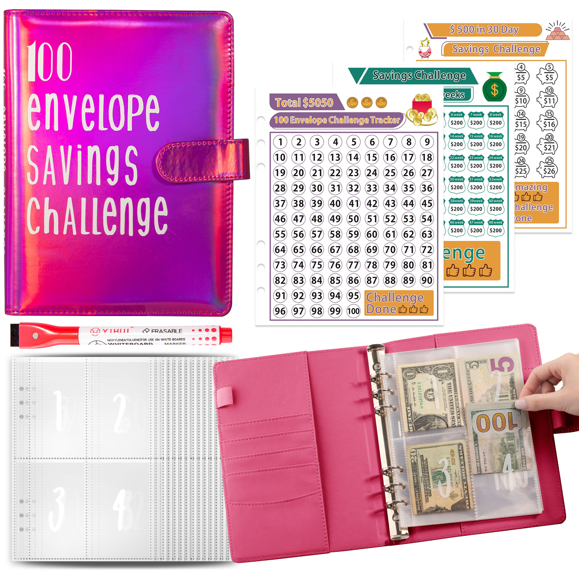 Classeur holographique A5 rose rouge