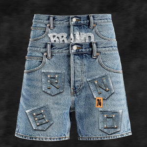 حجر مغسول بالأحجار الكريمة الكريستالية السوداء بلينغ تصميم خاص طول الركبة البضائع فضفاض مضيئة ، Jorts خمر - Product Image 4