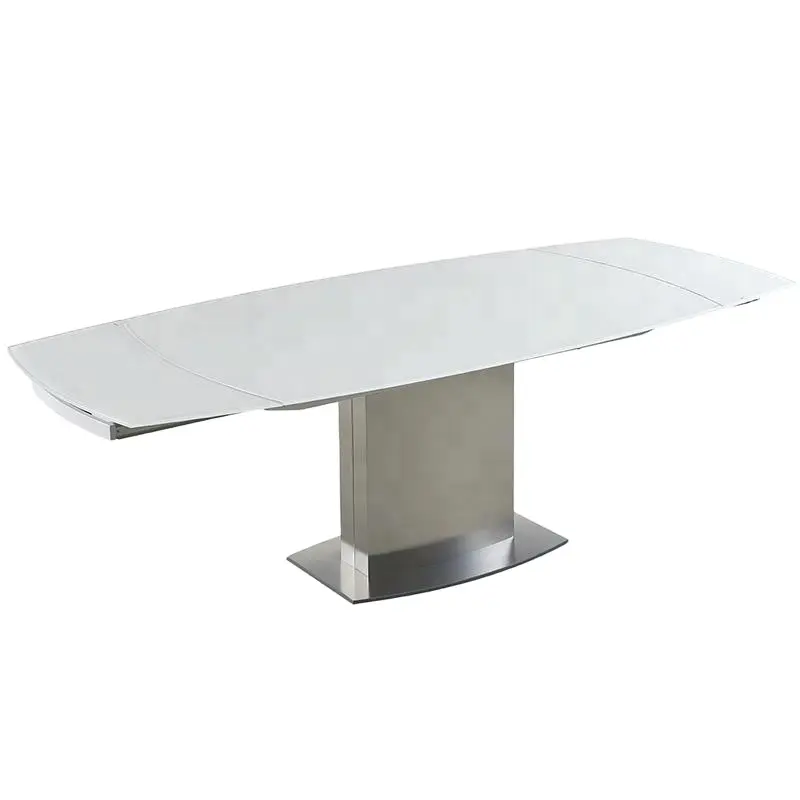 Fábrica Venta caliente multi-funcional giratoria extensible de acero inoxidable moderno mesa de comedor con tapa de cristal blanco
