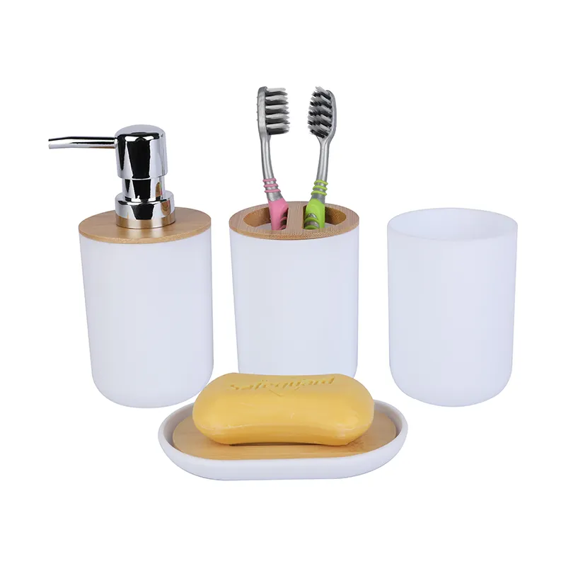 Dispensador de jabón blanco, soporte para cepillo de dientes, plato de jabón, juego de baño de plástico clásico, 4 Uds.