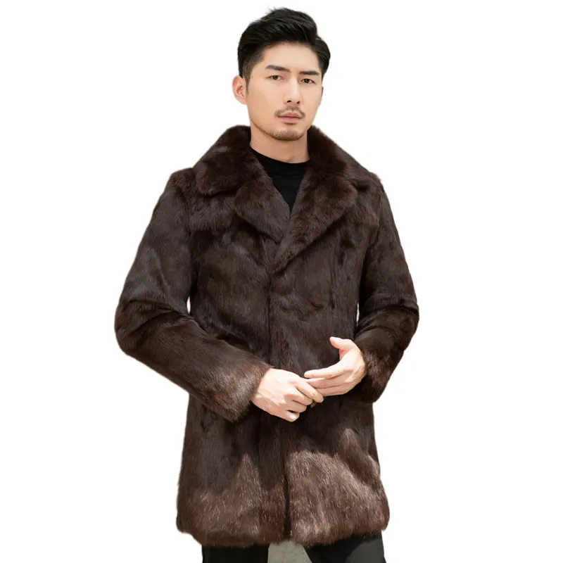 Abrigo de piel de conejo real para hombre, chaquetas de invierno de gran tamaño, 80 cm de largo