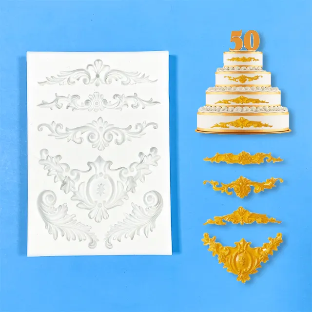 Molde de silicona para Fondant de tamaño grande y pequeño, herramientas de decoración de tartas para hornear, con borde de desplazamiento barroco, Estilo Vintage