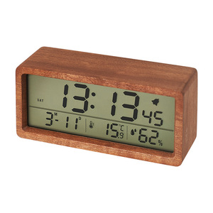 Sensor de temperatura y humedad interior con pantalla LCD grande con diseño de bambú de madera Reloj despertador OEM personalizable - Product Image 1