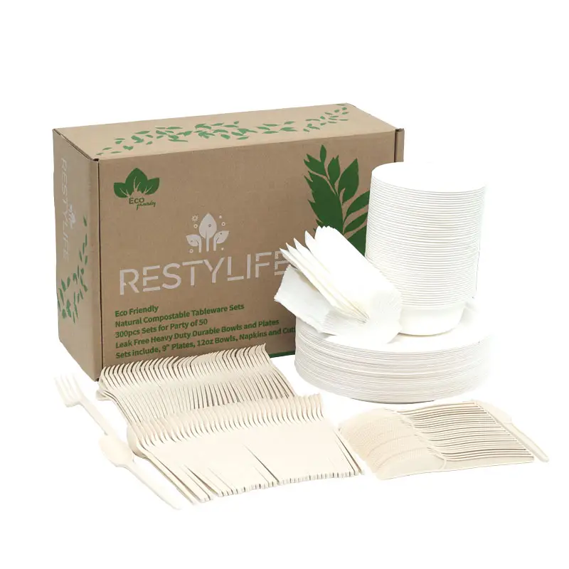 Ensemble combiné de vaisselle biodégradable de canne à sucre assiette bol tasse cuillère pour usage domestique de bagasse