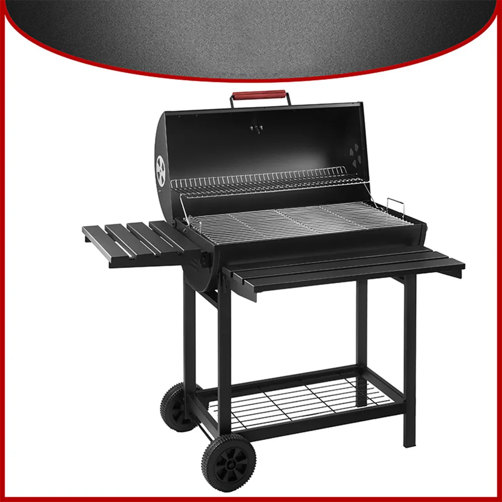 Barbecue de cuisine d'extérieur, grand barbecue robuste, baril à chariot, gril à charbon de bois, fumoir pour barbecue avec couvercle/