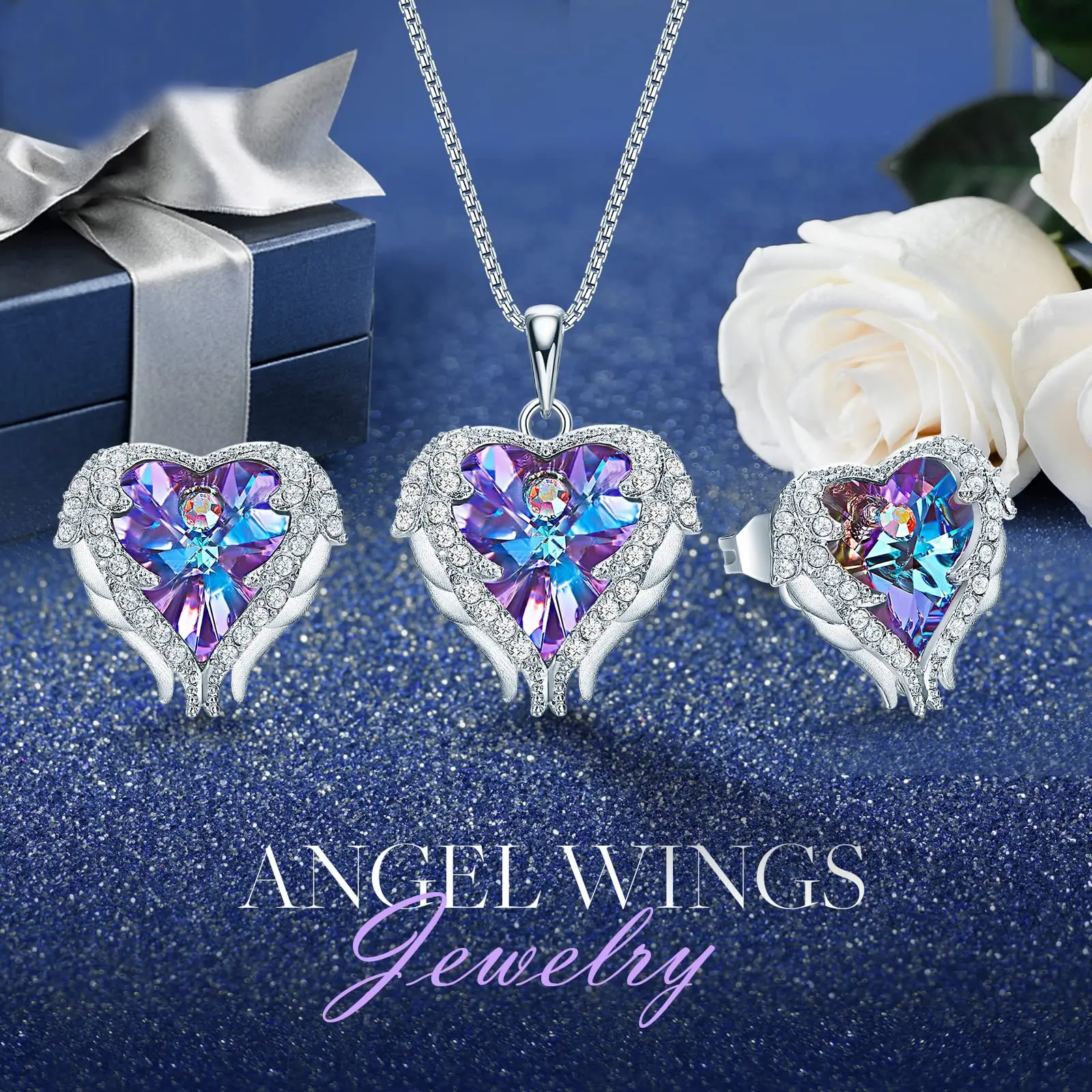 Set di gioielli di moda collana e orecchini d'amore con ali d'angelo di cristallo di cuore di pesca