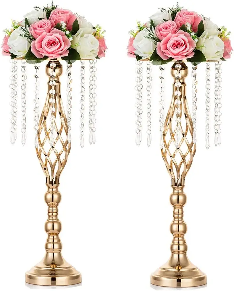 Metal Ouro Wedding Centerpieces Decorações Tabela Flower Stand Vasos Titular com Cristal Bead Cadeia Para Festa Decoração Do Casamento