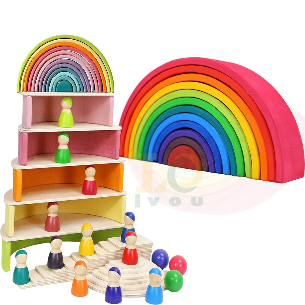 LVOU Wooden Rainbow Blocks Stacking Toy Large Rainbow Building Blocks Brinquedos de madeira para crianças Montessori Brinquedos Educativos