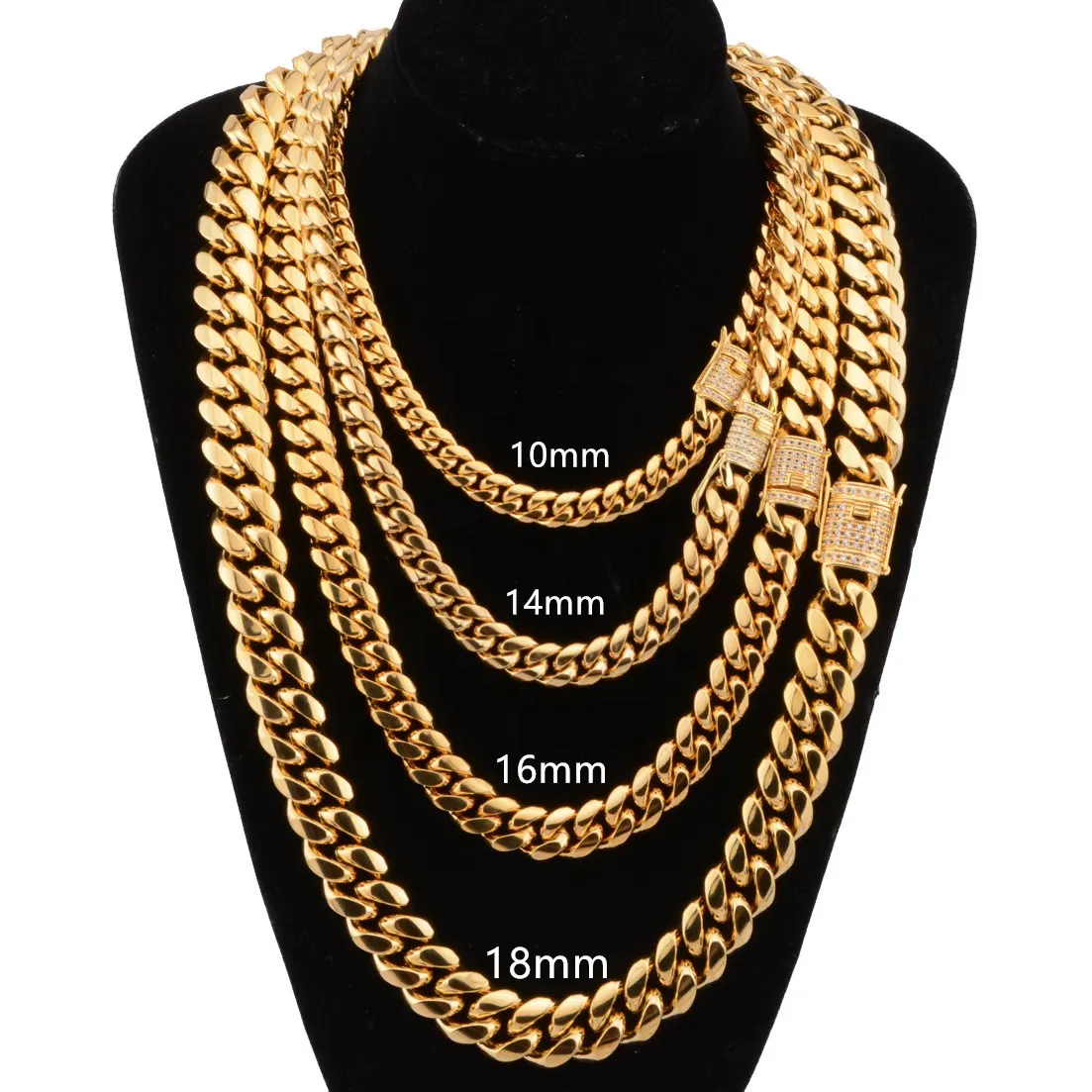 Miami Hip hop Fashion Jewelry 14K 18K Gold Stainless Steel Drill Zircon Buckle 6-18MM Chunky Cuban Link Chain Necklace Men Women