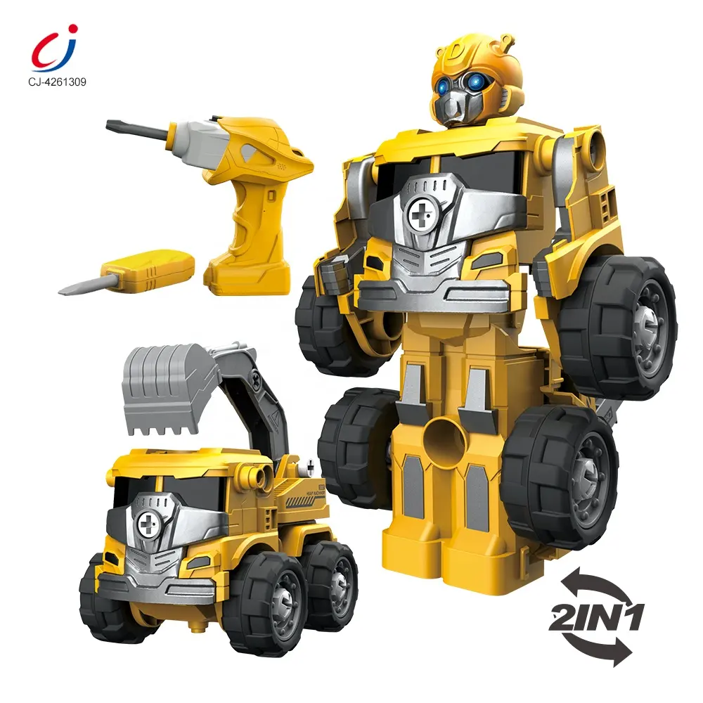 Chengji educational 2 in 1 deformation engineering vehicle robot diy disassembly electric crane truck toy with light and music