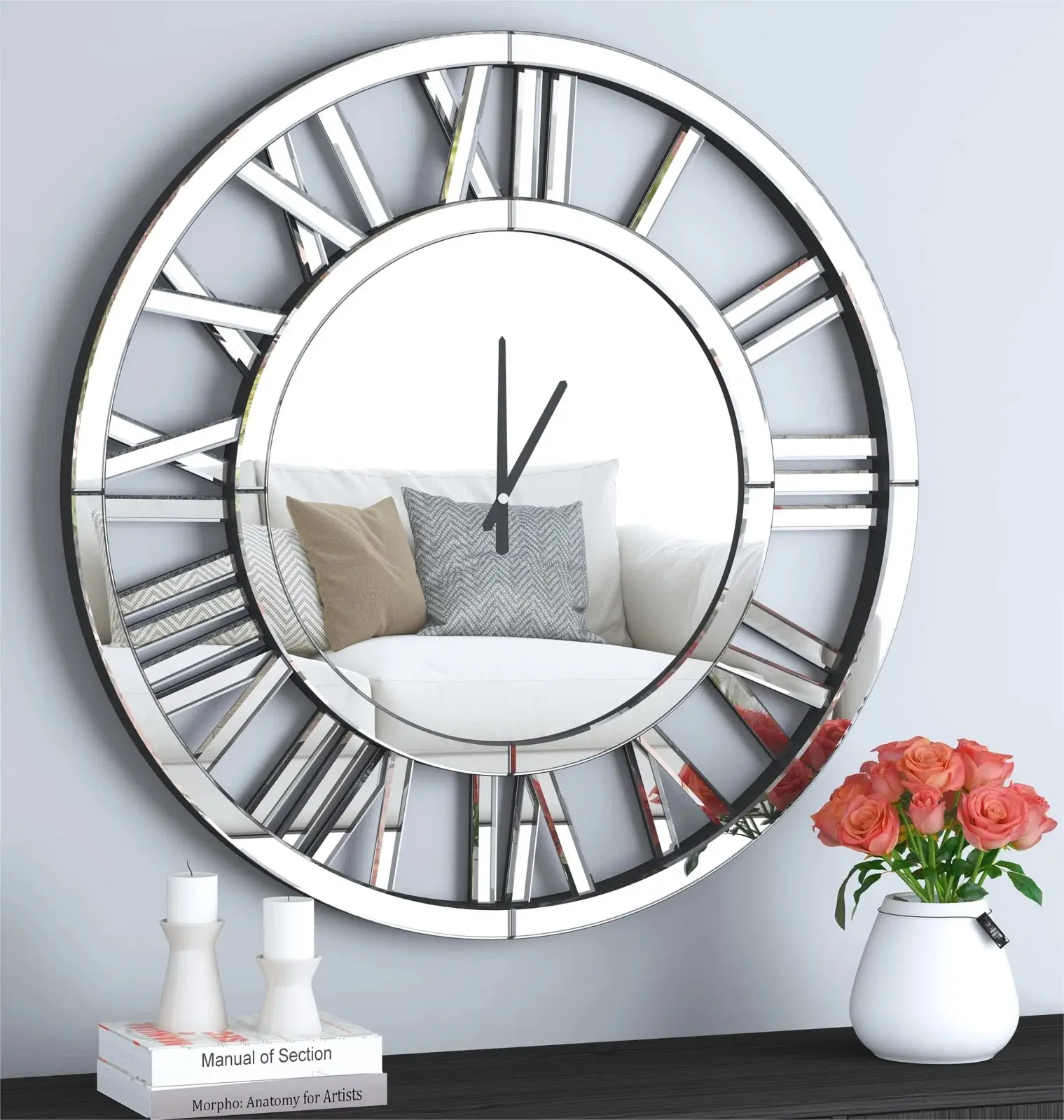 Handmade MDF & Mirror Wall Clock for Living Room Decor Hot Selling Decorative Large Size Roman Number Wall Clocks For Sale