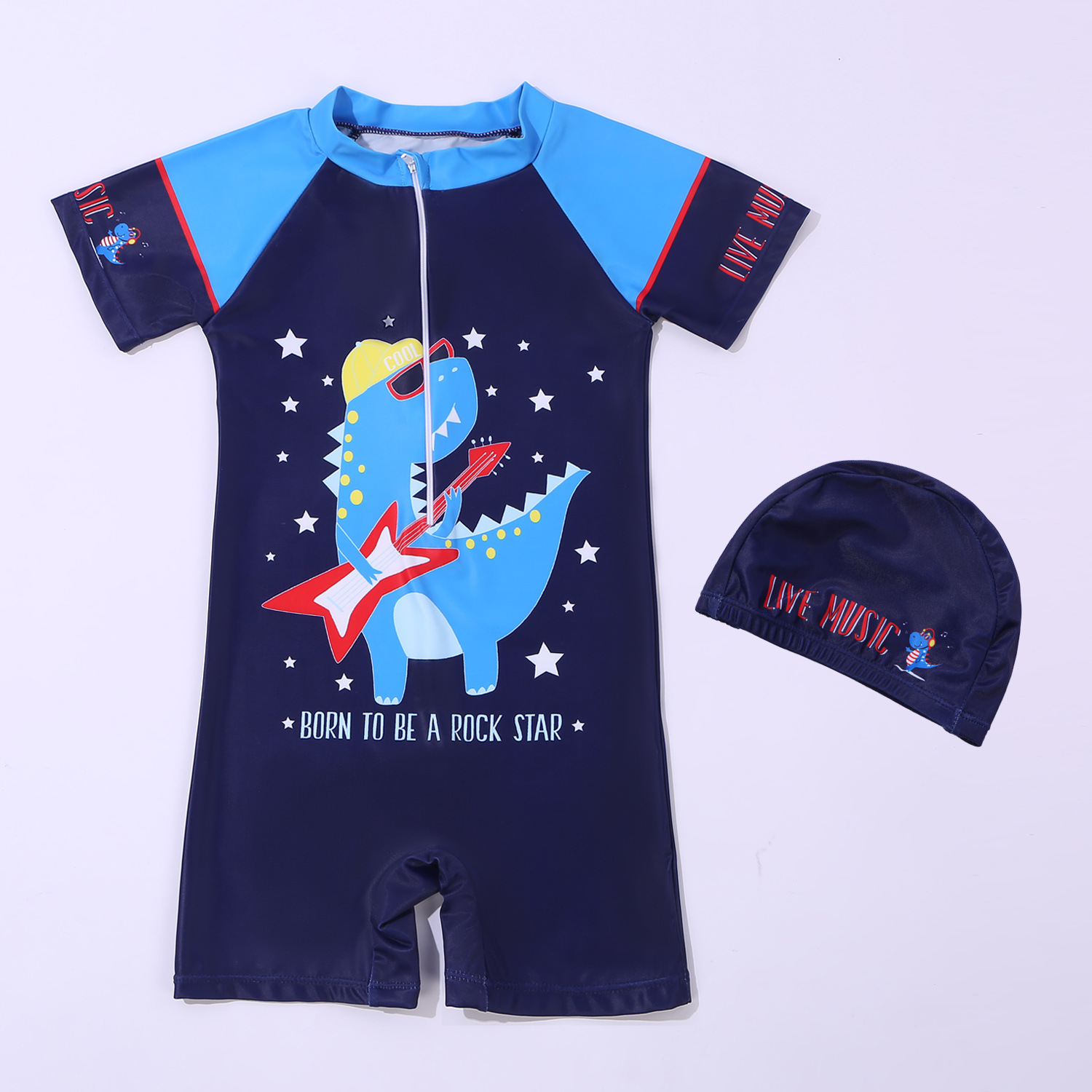 Maillot de bain une pièce bleu marine motif dinosaure (avec bonnet de bain)