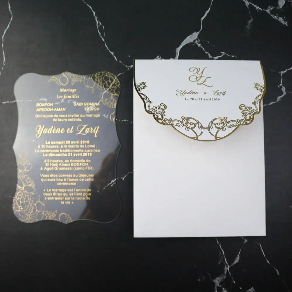 Carte d'invitation acrylique claire d'impression d'or pour le mariage