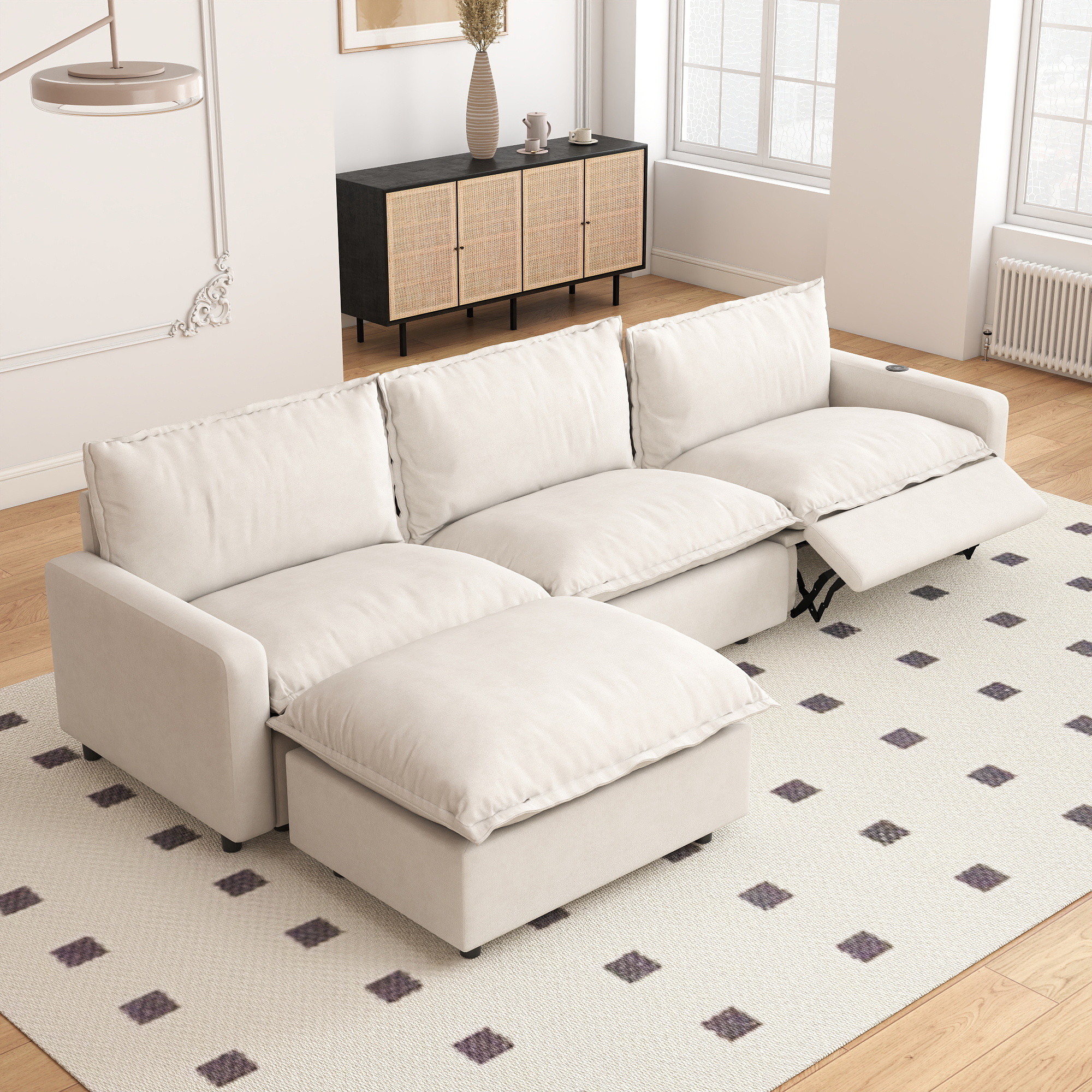 Canapé 3 places avec 1 fauteuil inclinable et pouf