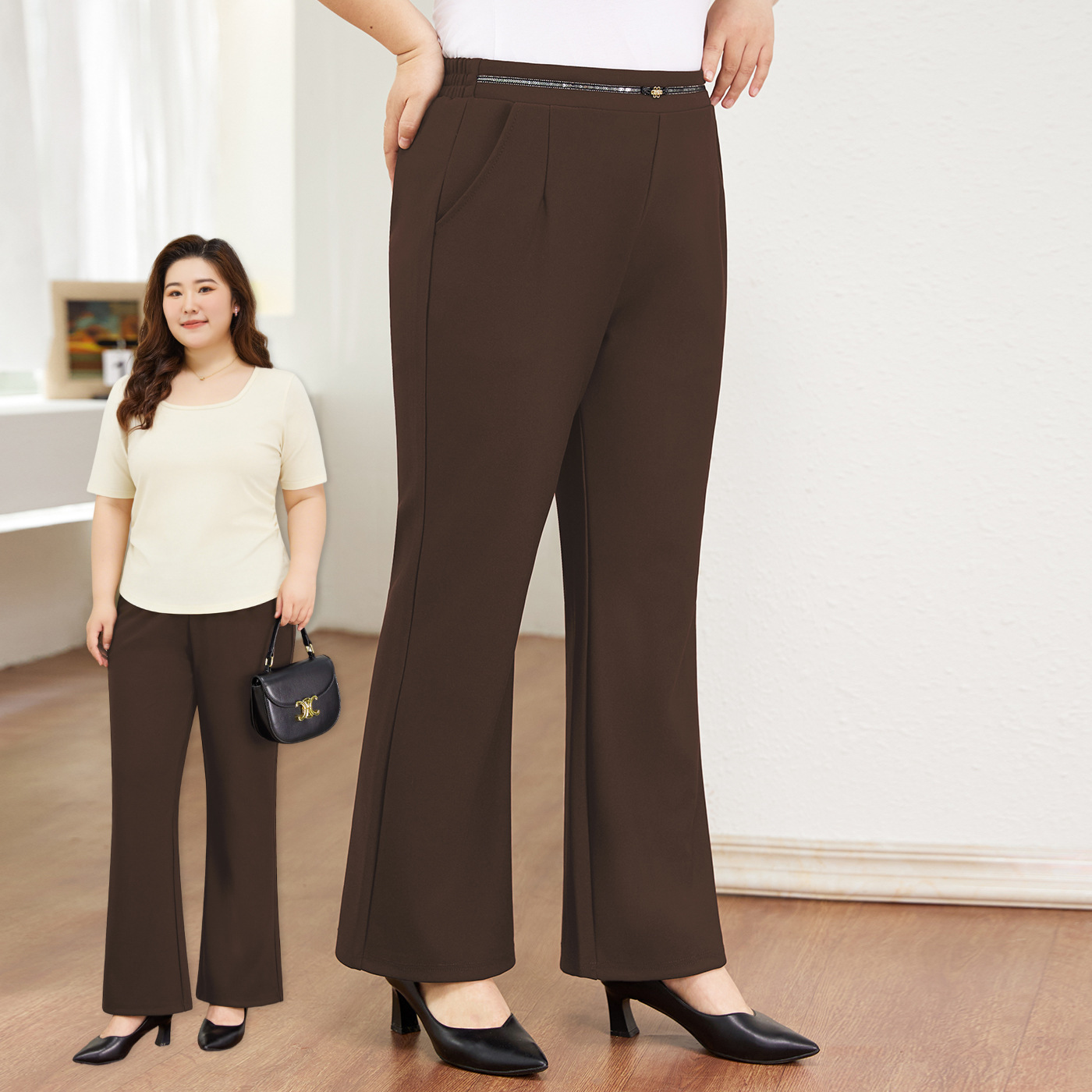 Pantalon de tailleur marron grande taille pour bureau