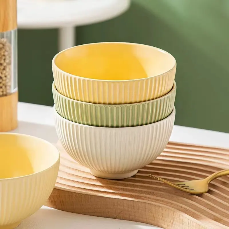 Nordique simple mat jaune vert couleur gaufrage bols vaisselle bol de riz bol de fruits en céramique personnalisé