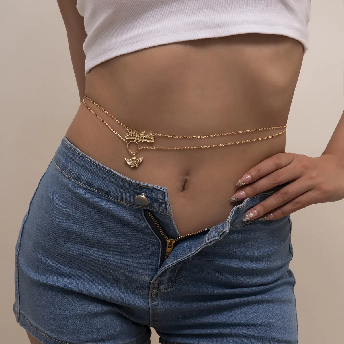 WC-015 Sexy INS Style Alloy Letter Chain Belt Waist Chain Hip-hop Angel Pendant Geometric Ring Waist Chain for Women
