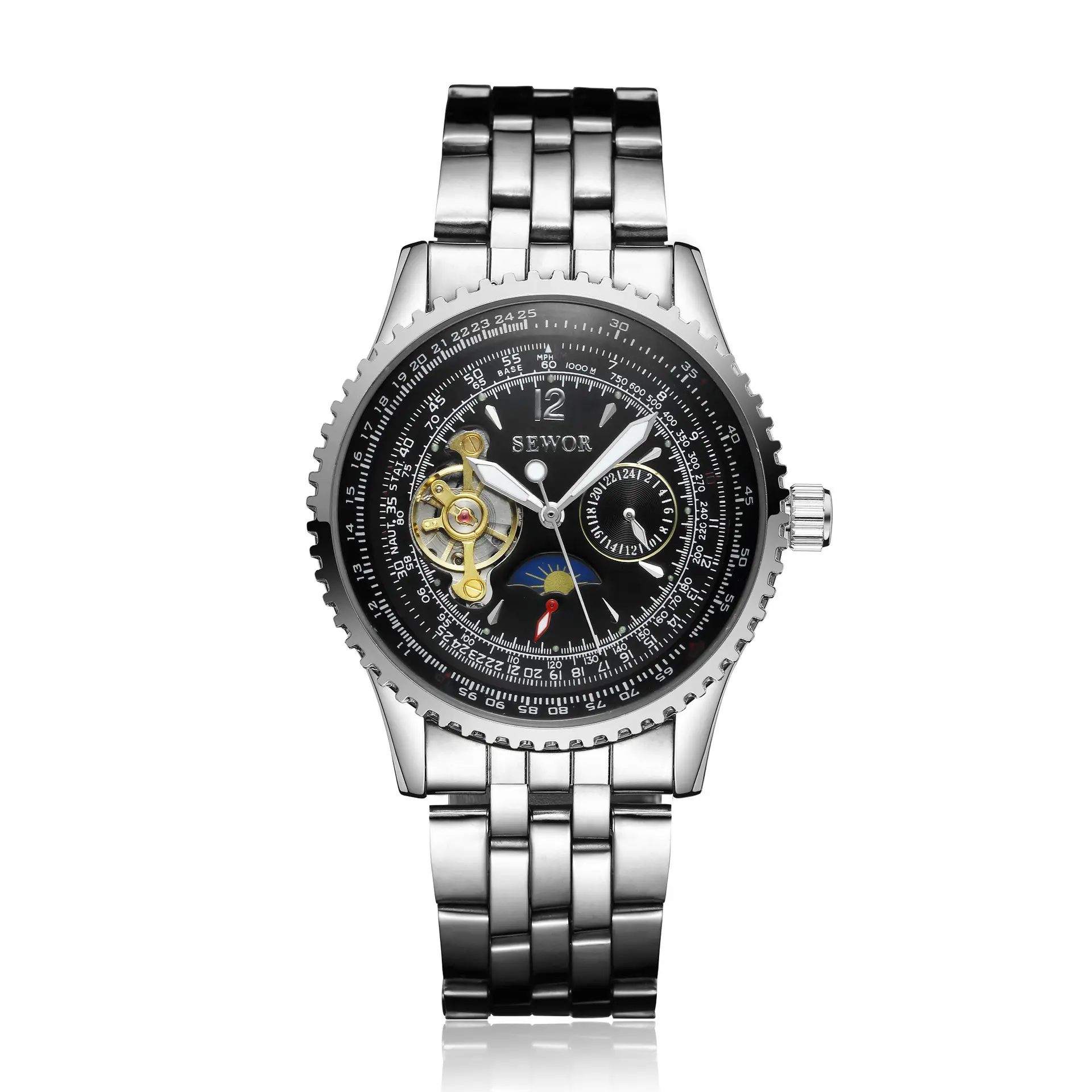 SEWOR Multifunktion ale Mondphase mit großem Zifferblatt Tourbillon Skeleton Mechanical Watch Man Cool und modisch