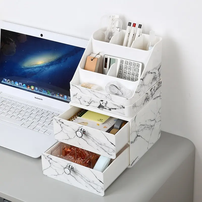 Caja de almacenamiento de papelería de mármol PS de escritorio nórdico, almacenamiento de bolígrafos, cajones de oficina de plástico, juego organizador de papelería de escritorio