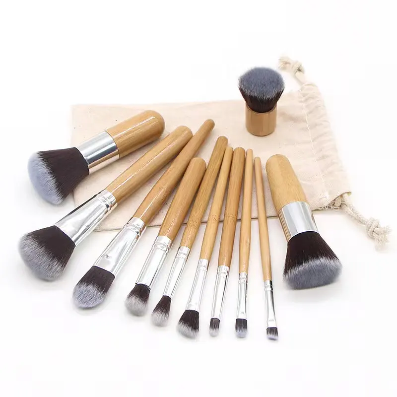 Set di pennelli per trucco Premium con manico in bambù professionale da 11 pezzi con borsa in lino