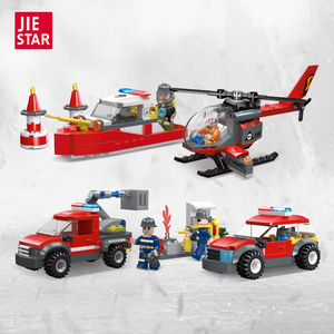 JIESTAR Top Sell Small Cheap City Series Fire Rescue Command Vehicle Fire Boat Helicóptero Fire Engine Modelo Building Block Set