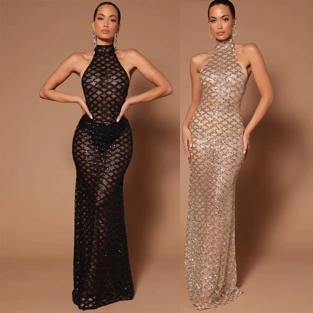 Moda Ebay yeni seksi Backless gece kulübü parti resmi elbise Rhinestone payetli See-through elbise elbise kadınlar için