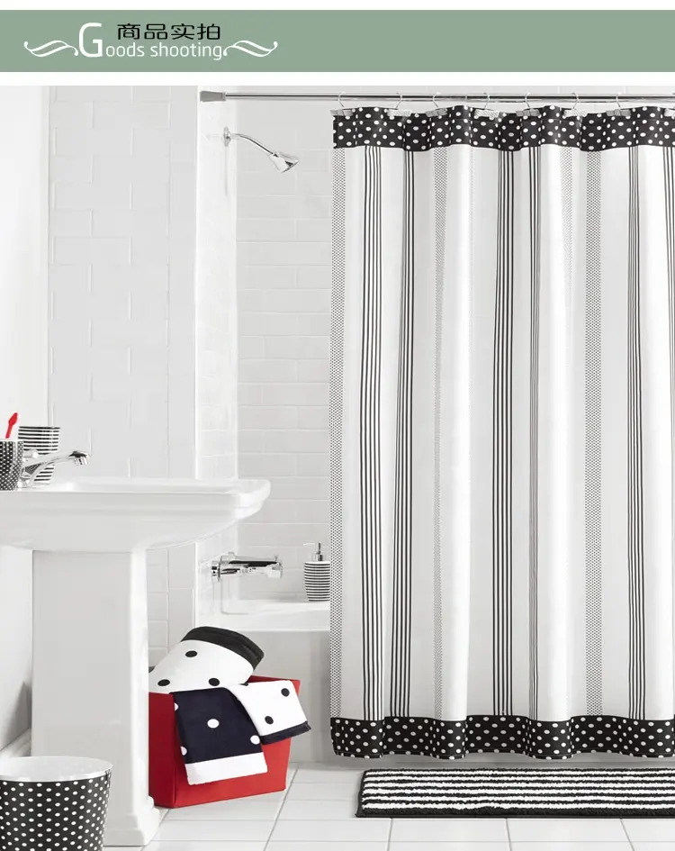 OWENIE Set Tirai Mandi Desain Pelanggan, Tirai Shower Desain Cetak Garis-garis Hitam Putih