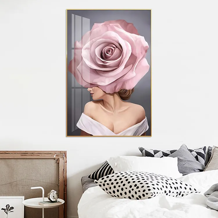 Hermosa Mujer con flores pintura moderna arte de pared de lujo impresión en lienzo y póster para decoración del hogar