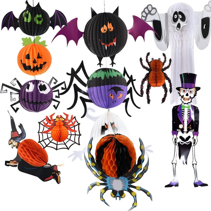 Decoración de fiesta de Halloween, farol de papel, colgante con forma de calabaza, Murciélago y araña
