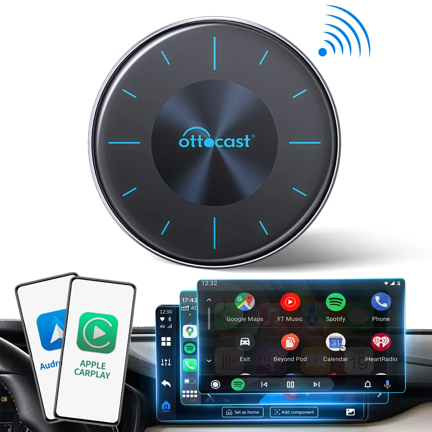 Ottocast OttAiBox di alta qualità Android 12 carplay wireless scatola ai wireless android auto box ai per auto