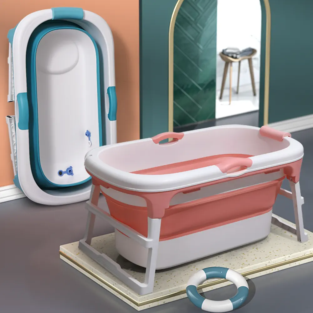 목욕 BOB 성인용 접이식 욕조 XXL 블루 (62x23.6x20.8 인치) + 베개 | 접이식 모바일 욕조 | 휴대용 접이식 욕조