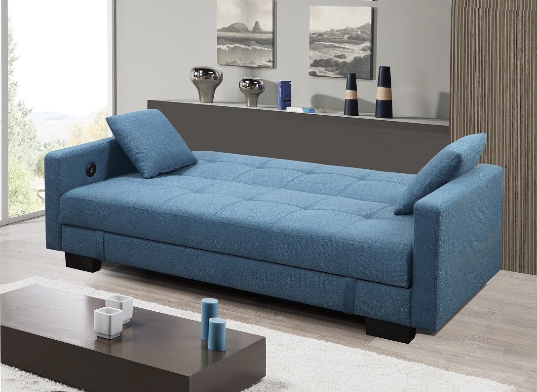 Comfortable blue color modern transformable fabric sofa bed folding futon with USB