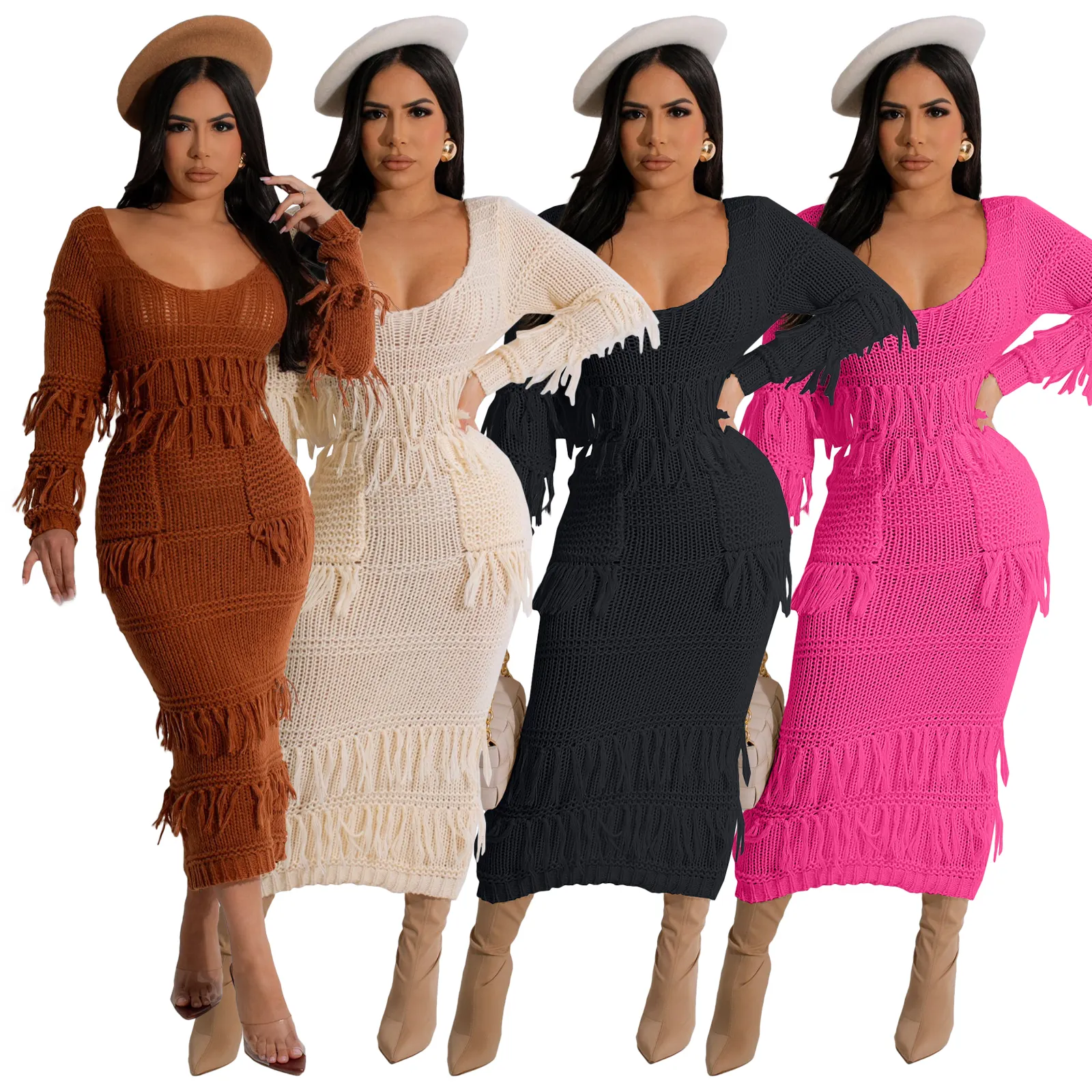 Ropa de calle de tendencia de punto Crochet borla Casual Maxi vestido de mujer sólido corte bajo manga larga bolsillos cintura alta vestidos delgados