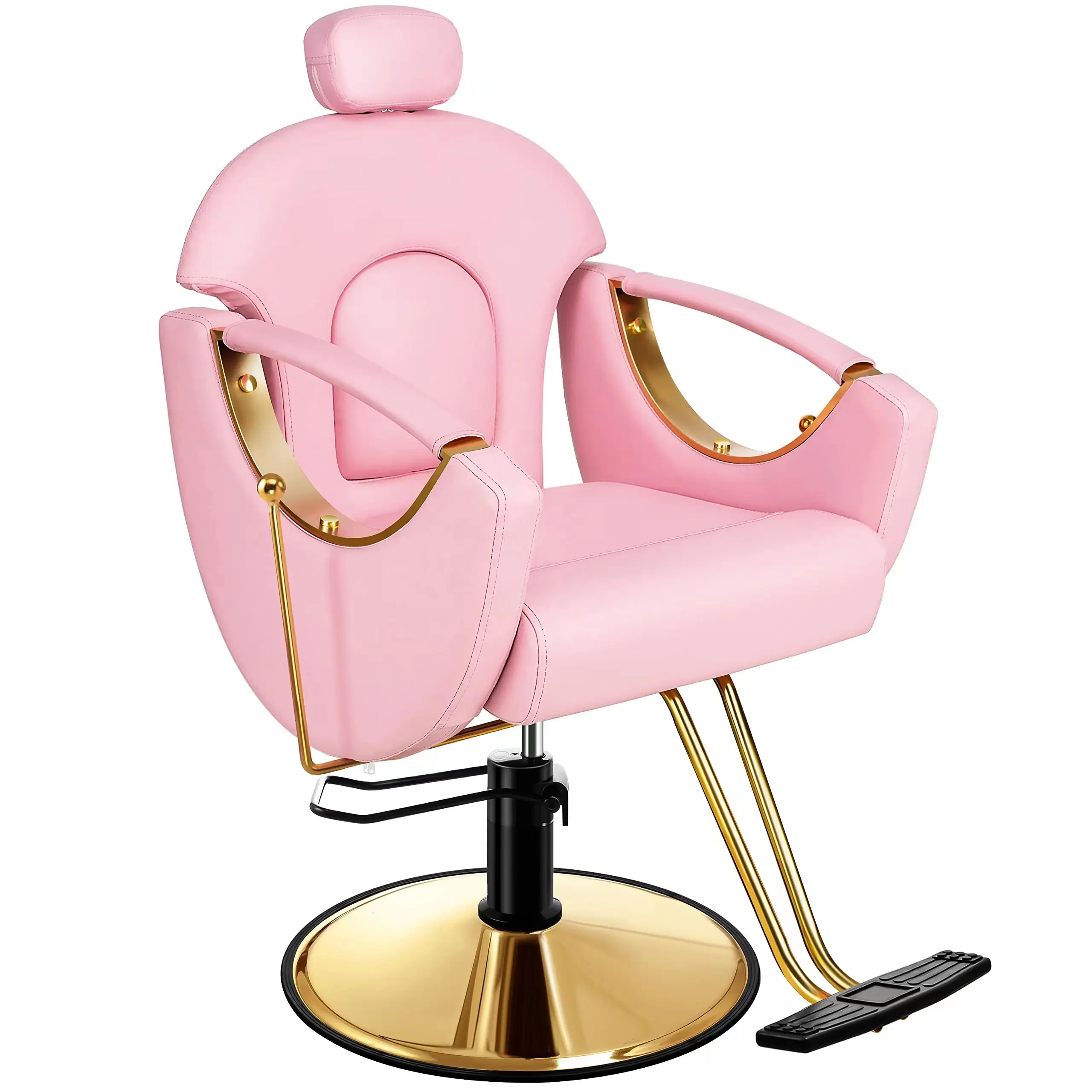 Cadeira do barbeiro rosa da barba, cadeira reclinável de ouro do barbeiro para a estilização de cabelo 360, móveis giratórios para salão de beleza