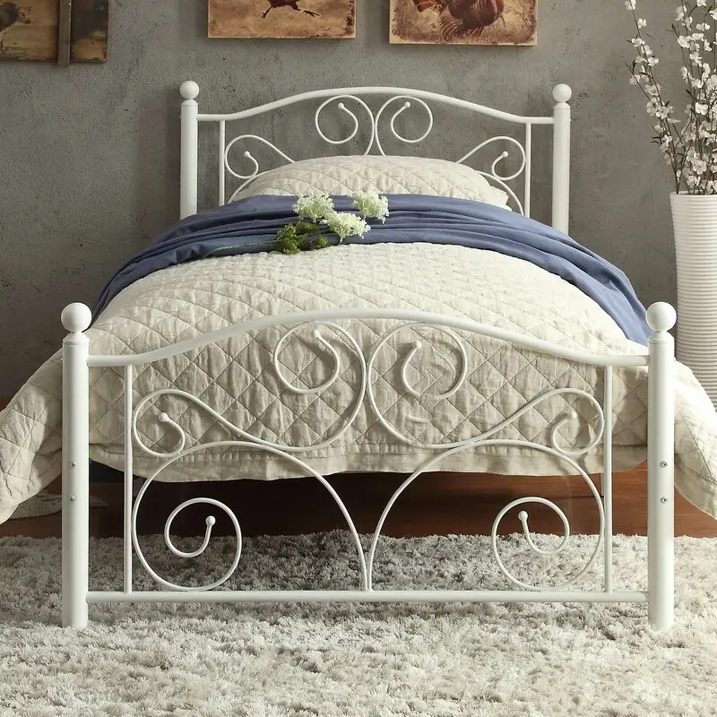 Cama de ferro de metal única decorativa branca antiga