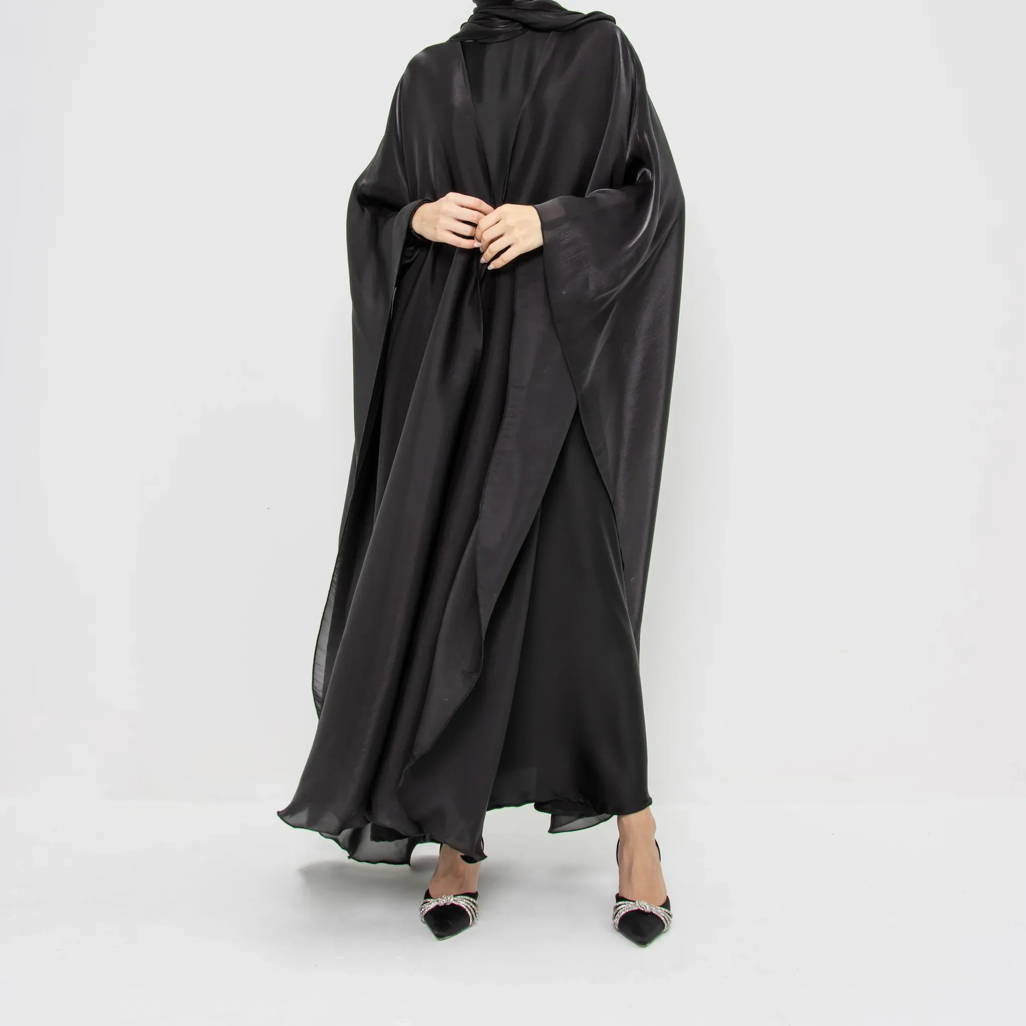 Oriente Médio muçulmano 3 peça roupão aberto abaya vestido longo Malásia cetim burkha dubai elegante eid abaya conjunto com hijab