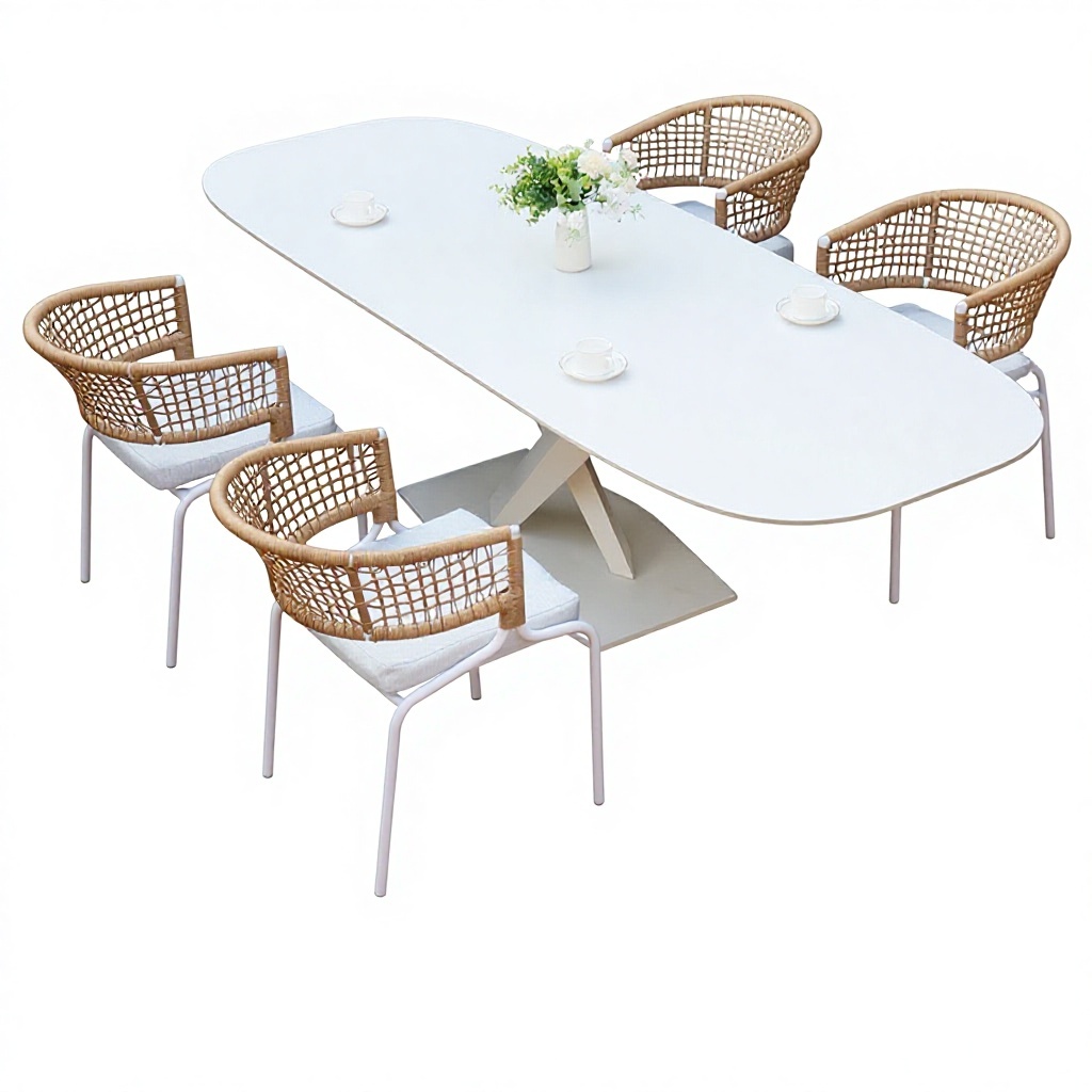 4 sillas 1809075cm mesa larga con pie geométrico y tablero de roca