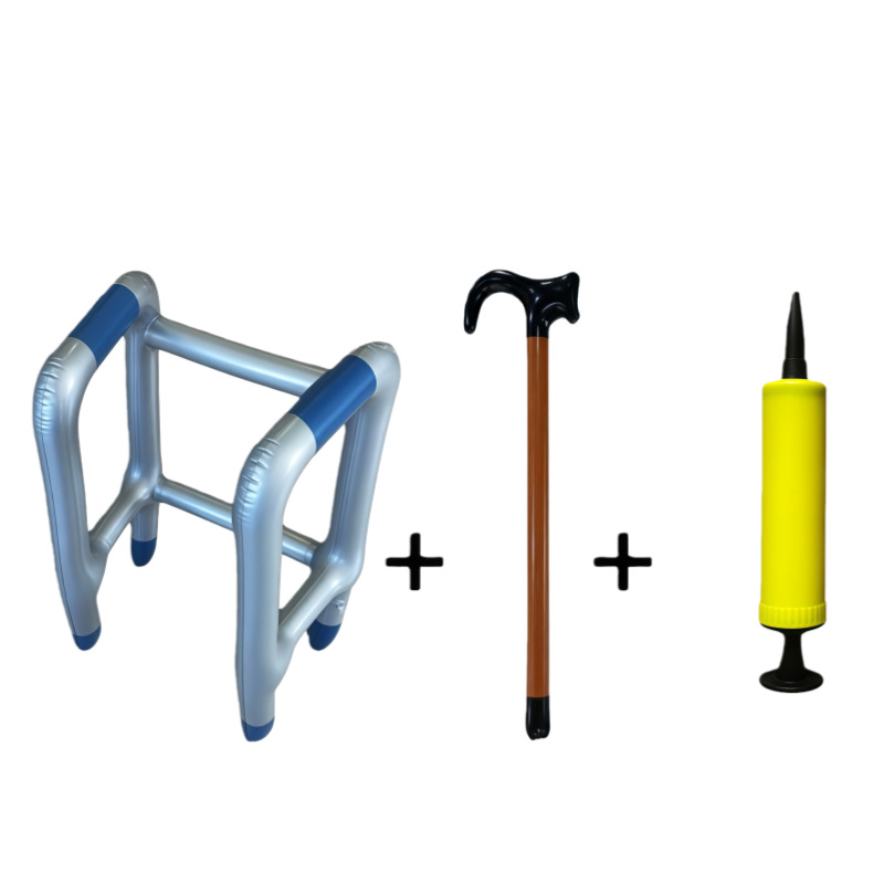 Blue walking aid with hook, small cane, push pump