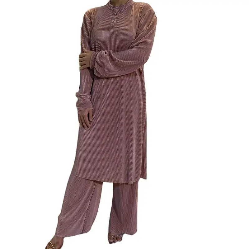 New Pleated Islamic Muslim Long Tunic Tops And Pant For Women Malaysia Abayas In Dubai Turkish Ladies Clothing