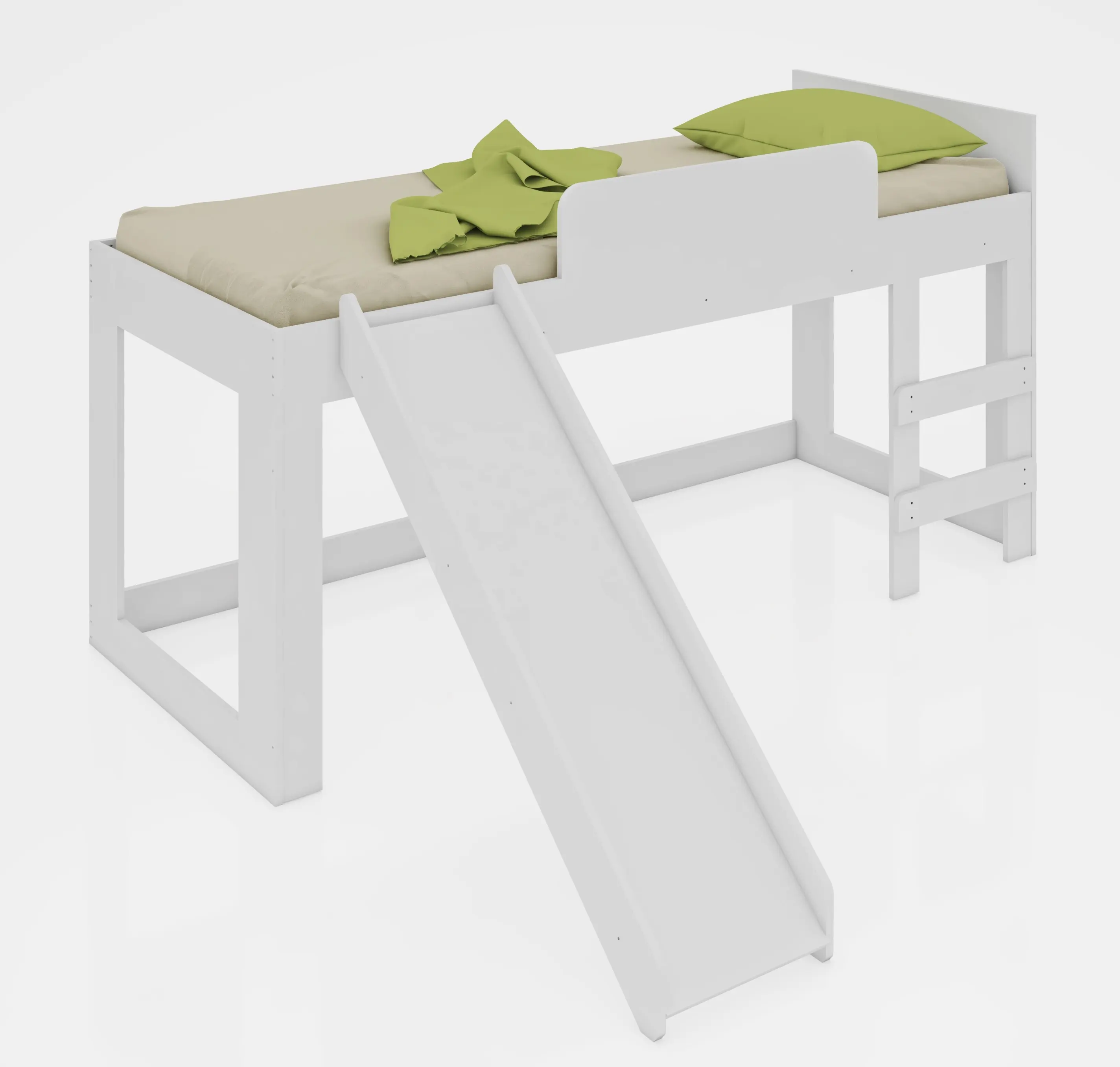 Cama de estilo moderno para niños, mueble de dormitorio de madera con cortina y Tobogán, Color blanco, diseño brasileño