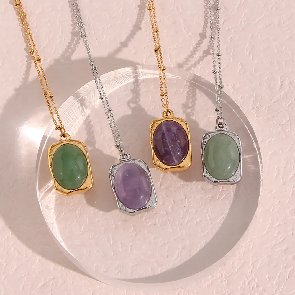 Collier en pierre de gemme plaqué or 18K, collier en acier inoxydable, collier en pierre naturelle pour femmes