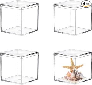 Conjunto de 4 peças de cubos de acrílico transparente caixa de plástico quadrada com tampa para armazenamento de joias, doces e doces de Natal, casamento, presente, envoltório, rack de exibição