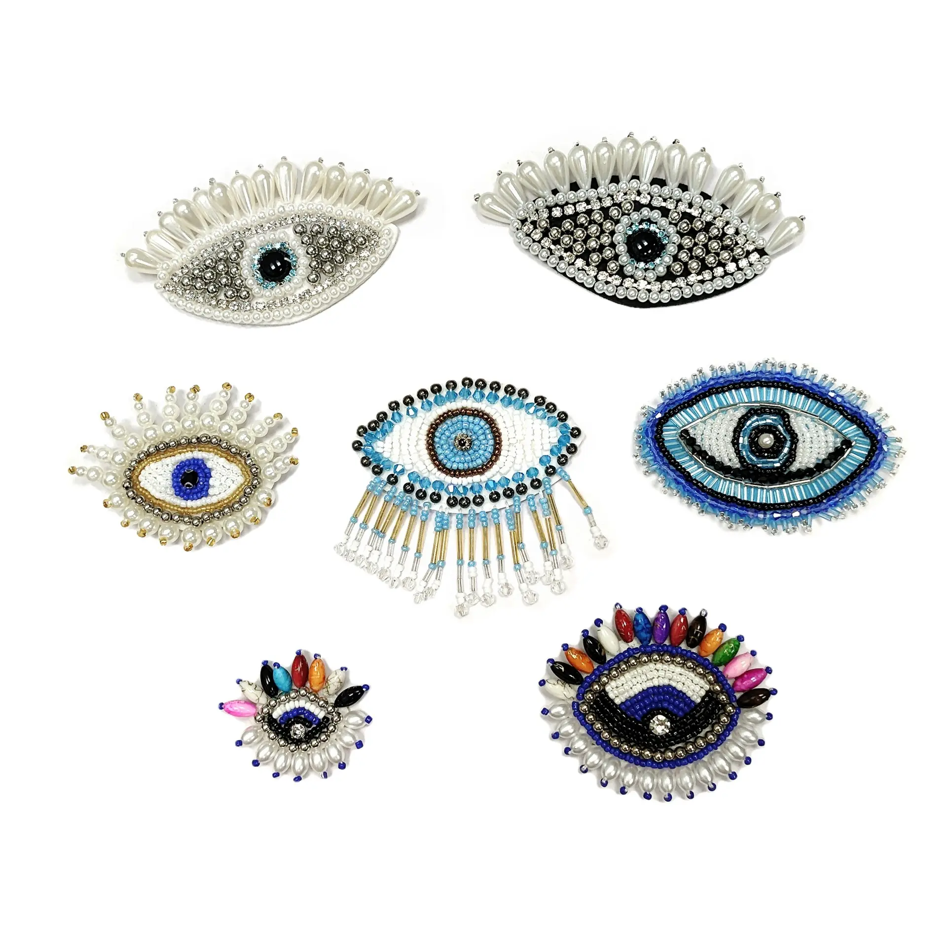 Vente en gros de strass perlés cousus sur des patchs pour vêtements faits à la main 3D mauvais yeux en forme de perle fer sur des patchs