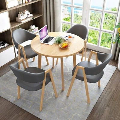 Cuero gris oscuro 4 sillas + mesa redonda 80 color madera