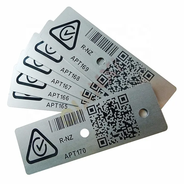 Plaques nominatives de numéro de série gravée en métal, pièces, code QR, boîte en aluminium, code à barres