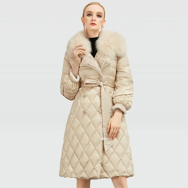 JANVENY High-End irregolare collo di pelliccia di volpe piumino donna inverno 2021 doppio petto lanterna manica lunga vita piumino cappotto