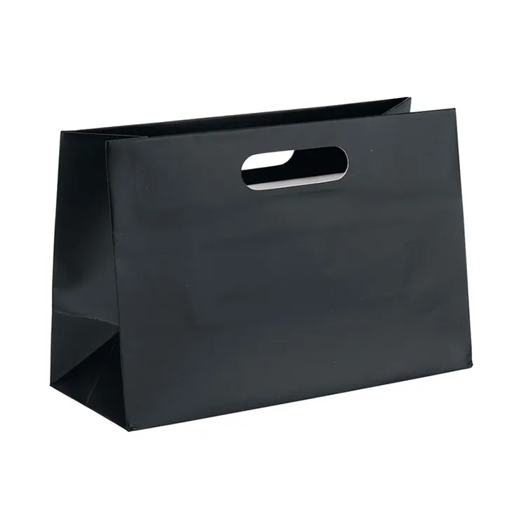 Saco de papel preto personalizado, de alta qualidade, die cut, sacos de papel de luxo