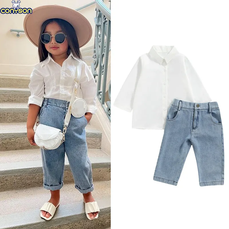 Conyson Bela Formal Camisa Longa de Cintura Alta Denim Branco T-Shirt + Calças Jeans Longas Lovely Baby Girl Outono Kids Clothing Set