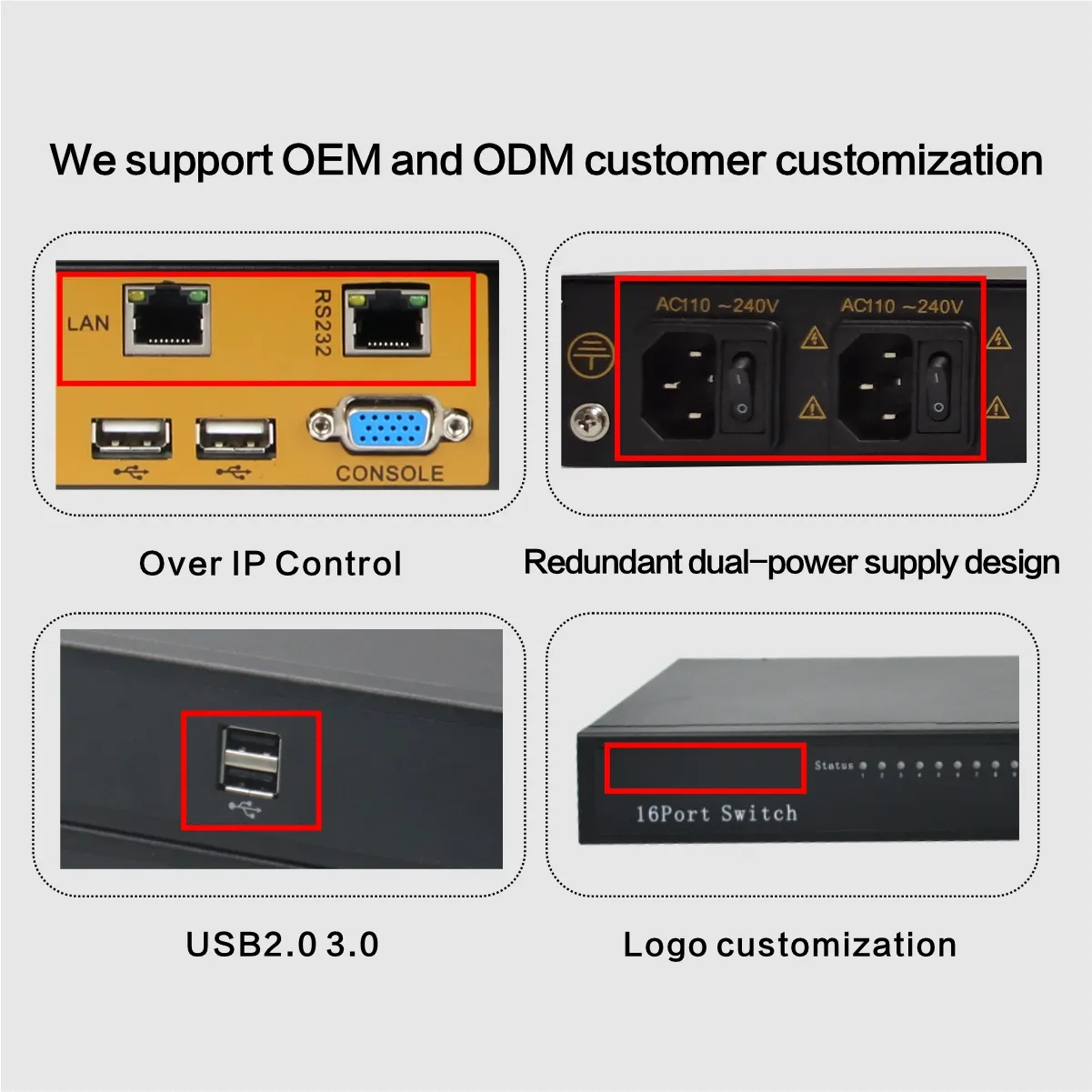 8 Port FHD VGA 1U Rackmount melalui IP mendukung Cascade OSD Hotkey Remote Control VGA Port KVM Switch