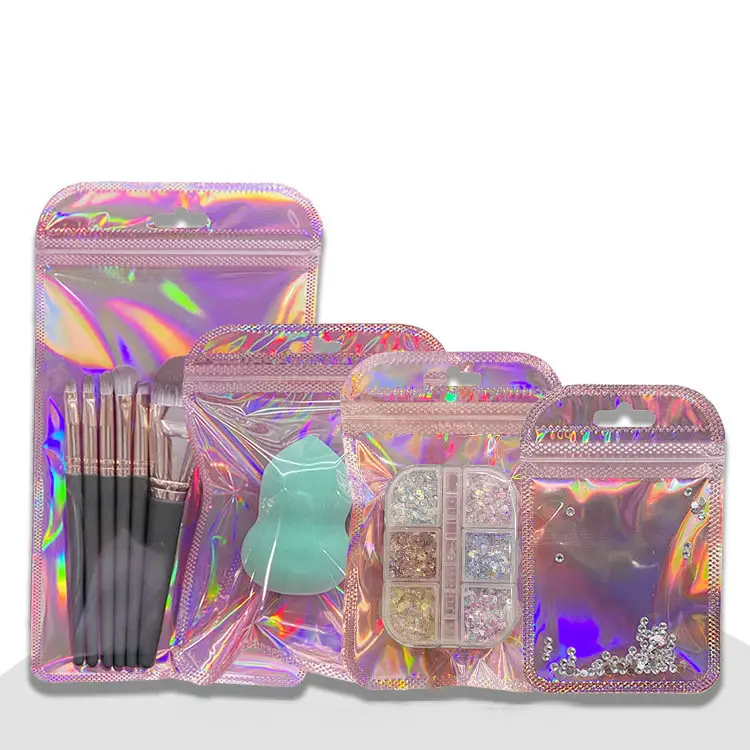 Retails Pink Packing Laser Holographic Rainbow Seal Packaging Small Jewelry Coins Lipstick Pouch Plastic Clear Bag For Gifs